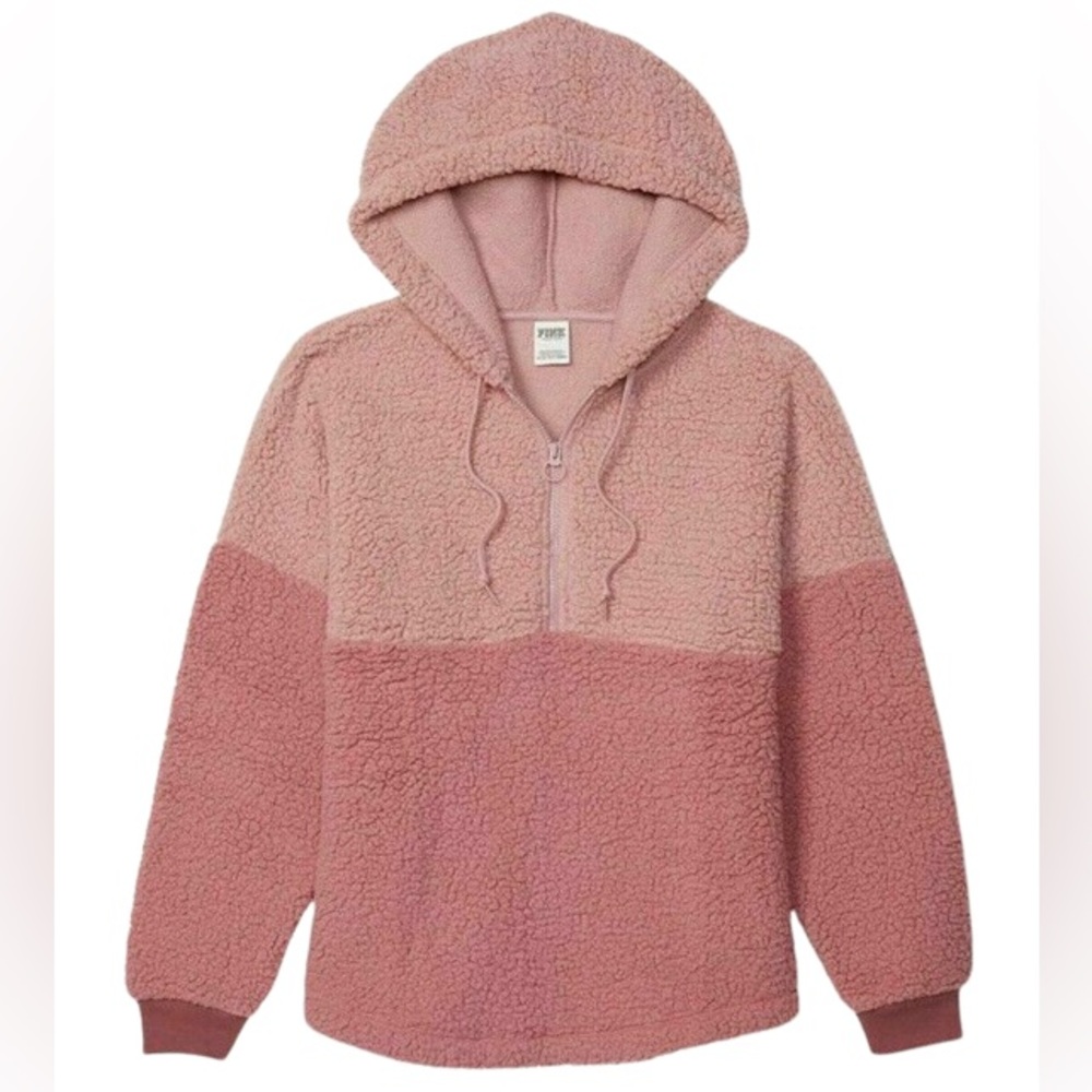 PINK Victorias Secret Womens Varsity Sherpa Half Zip Pullover Hoodie Rose Medium